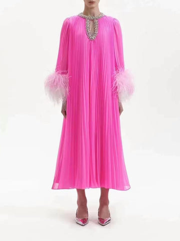 Woochic robe à plumes col rond strass plissée couture rose2 S